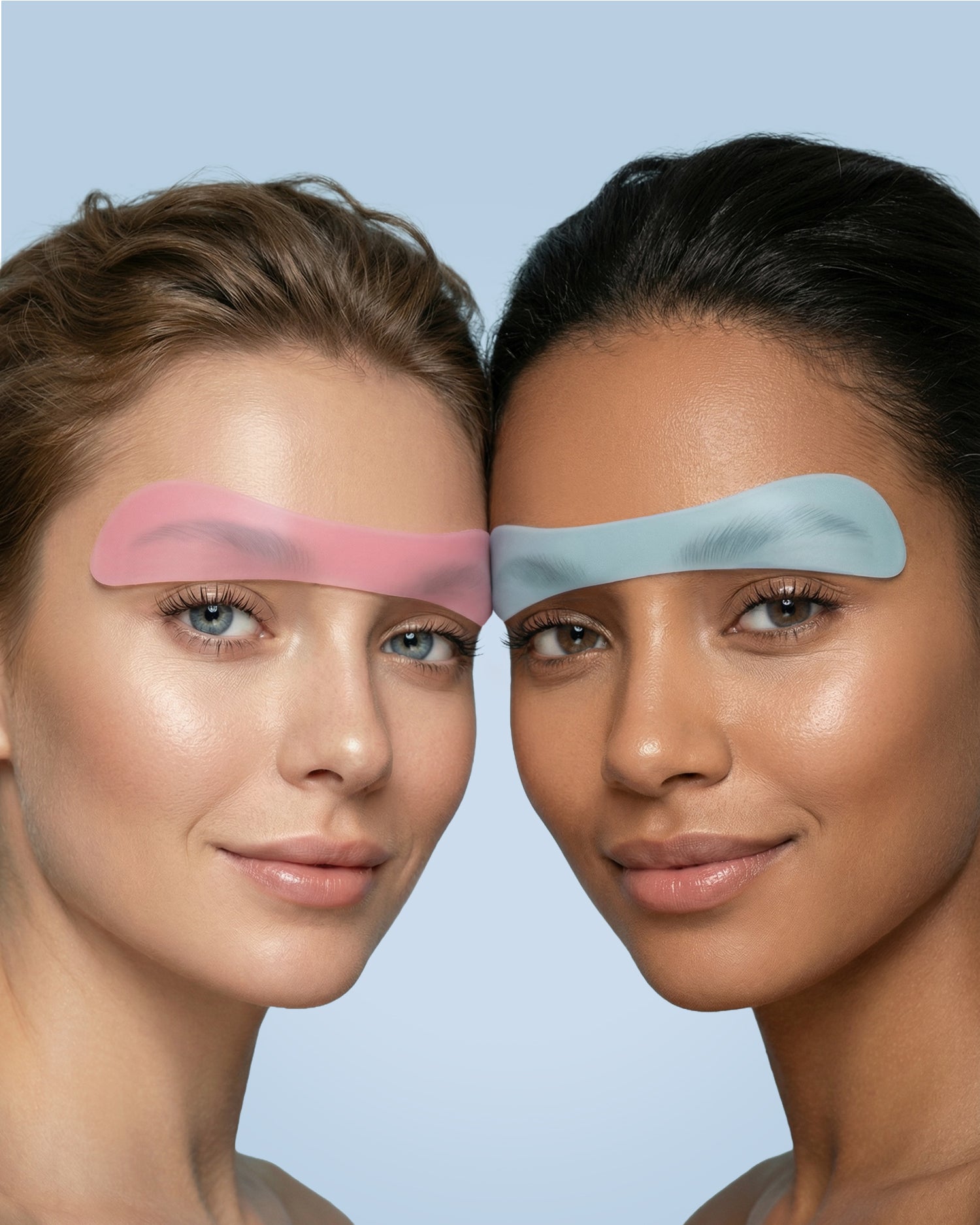Two models are wearing two My Lamination brow covers on their eyebrows
