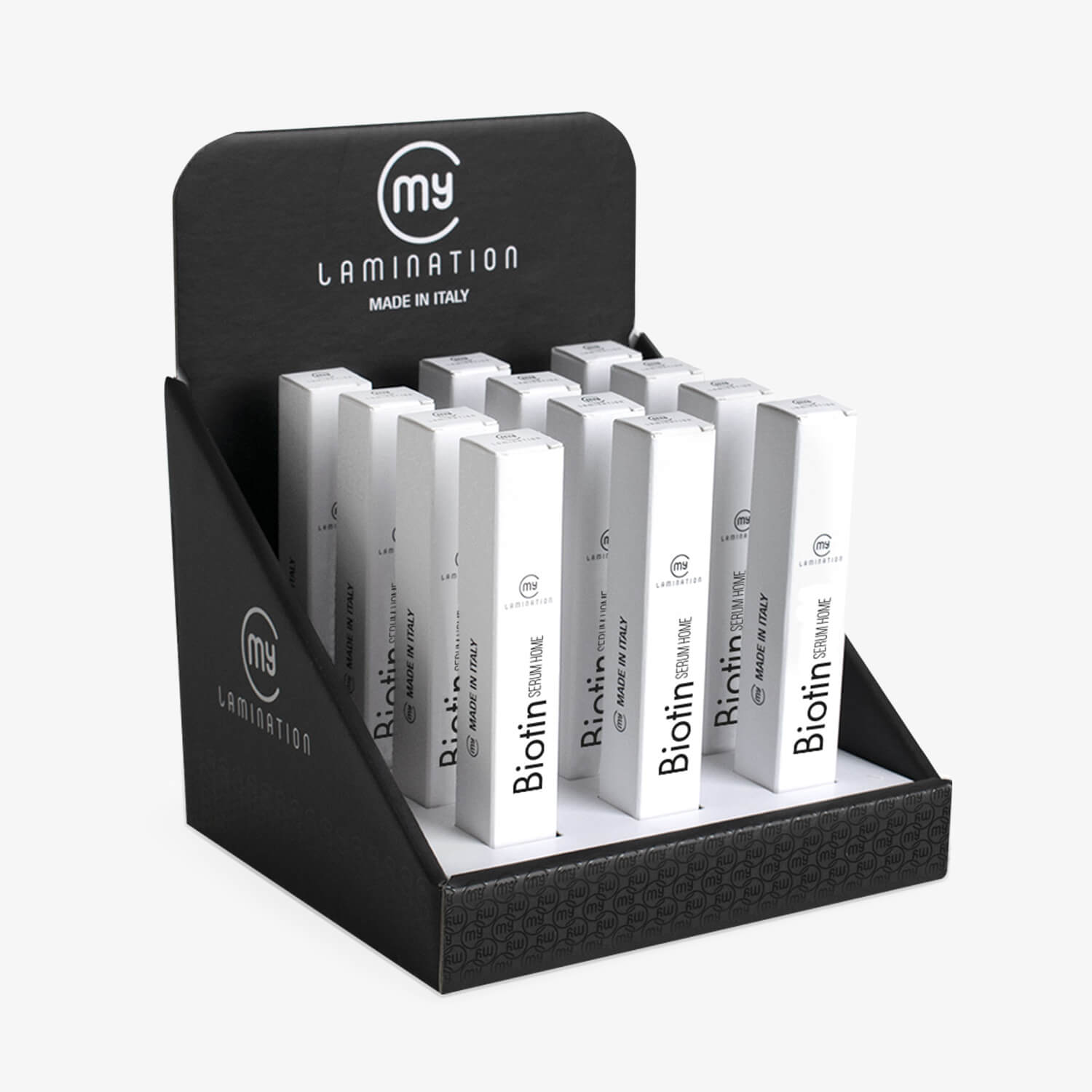 espositore con 12 biotin serum home di my lamination