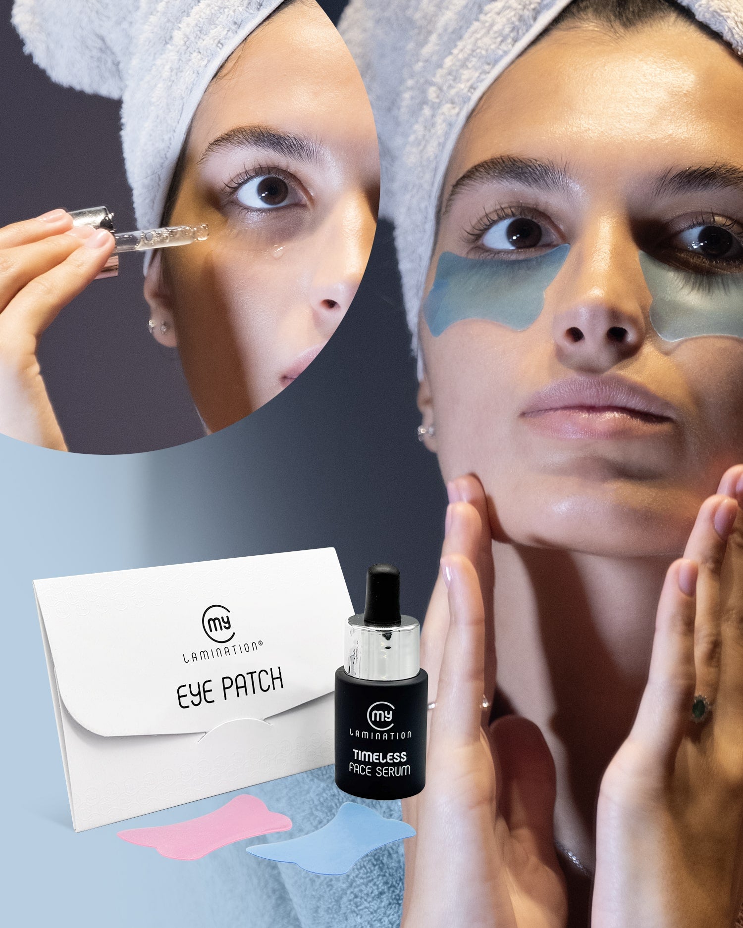 Model uses the Timeless serum with eye patches for the eye contour treatment by My Lamination