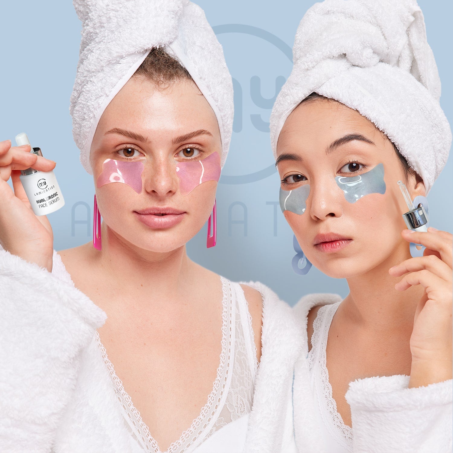 Two models apply the Eye Contour Mask Kit by My Lamination