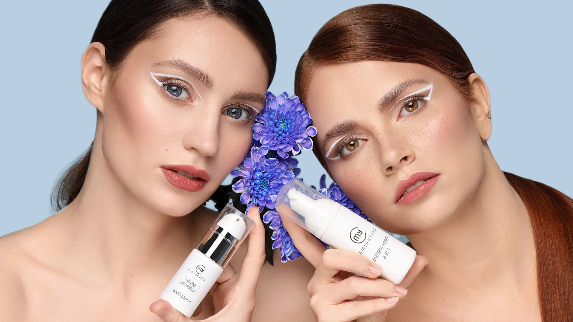 two models with vitamin lashbrow and cleansing foam by my lamination in their hands