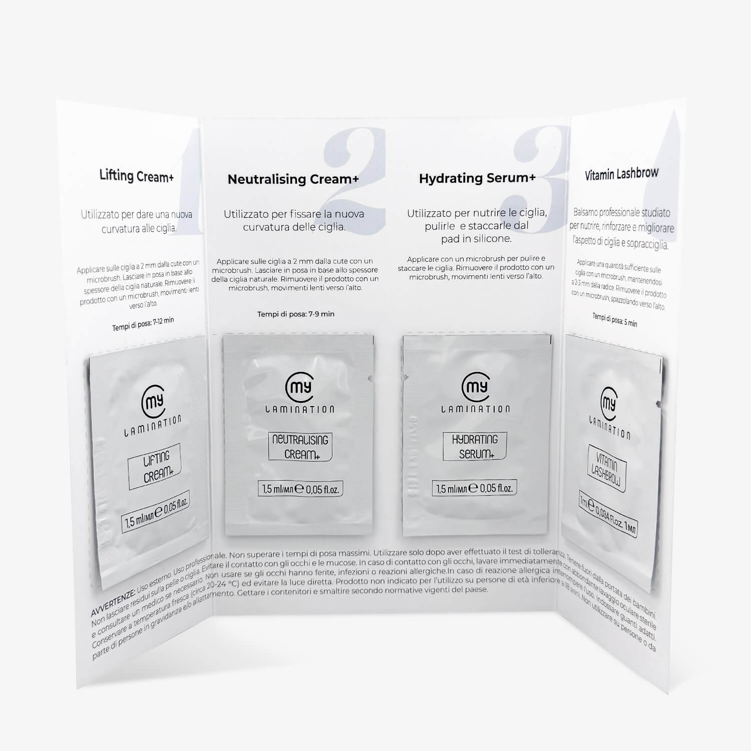 Sample Set PRO of My Lamination opened with eyelash lamination step sachets and Vitamin LashBrow