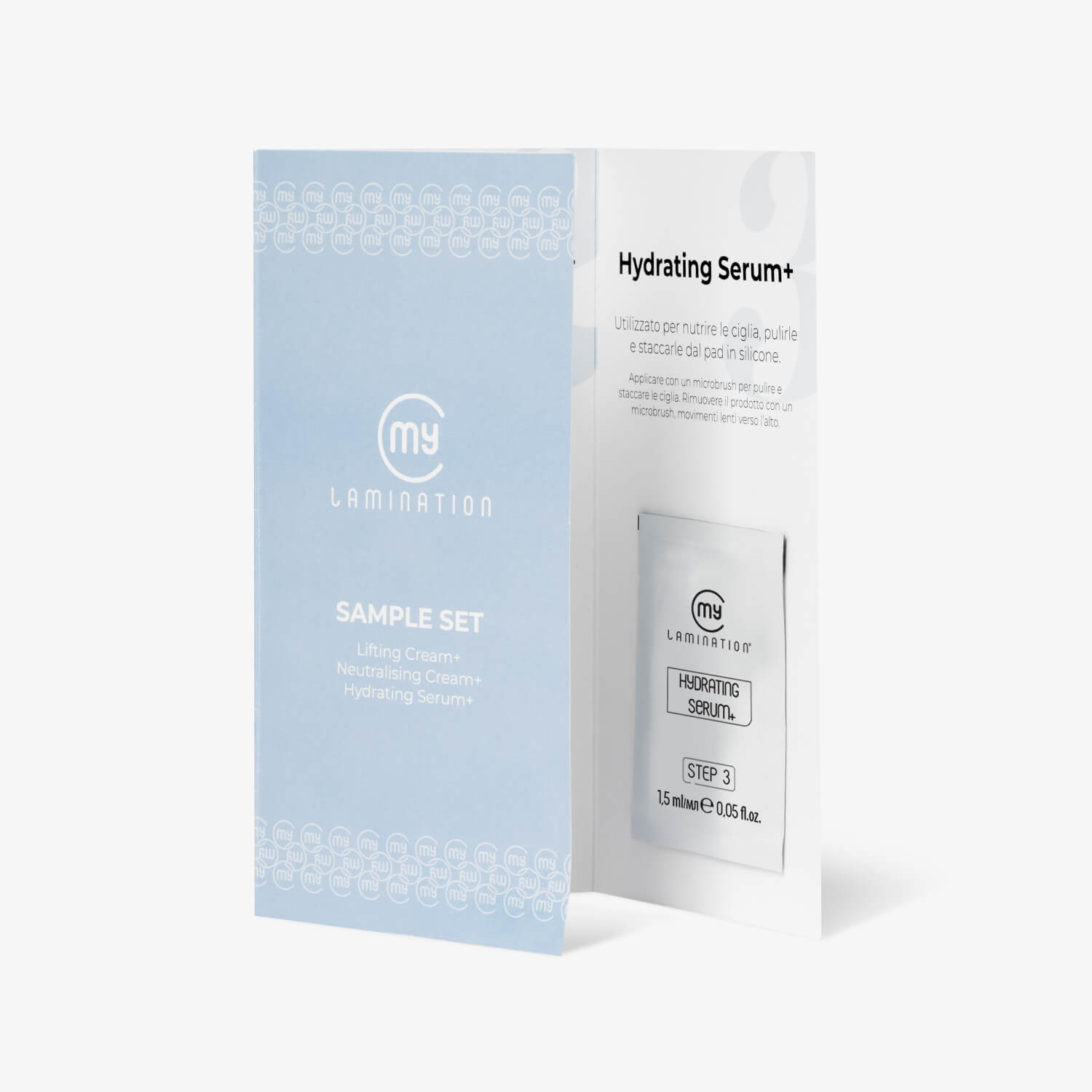 closed set of sachets with the three steps of my lamination lash lifting