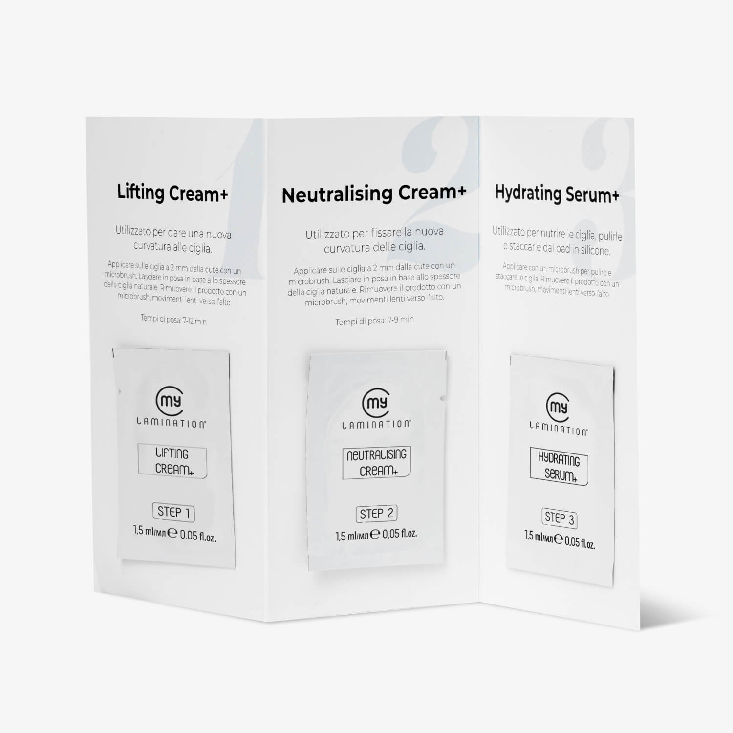 set of sachets containing the three steps of my lamination lash lifting