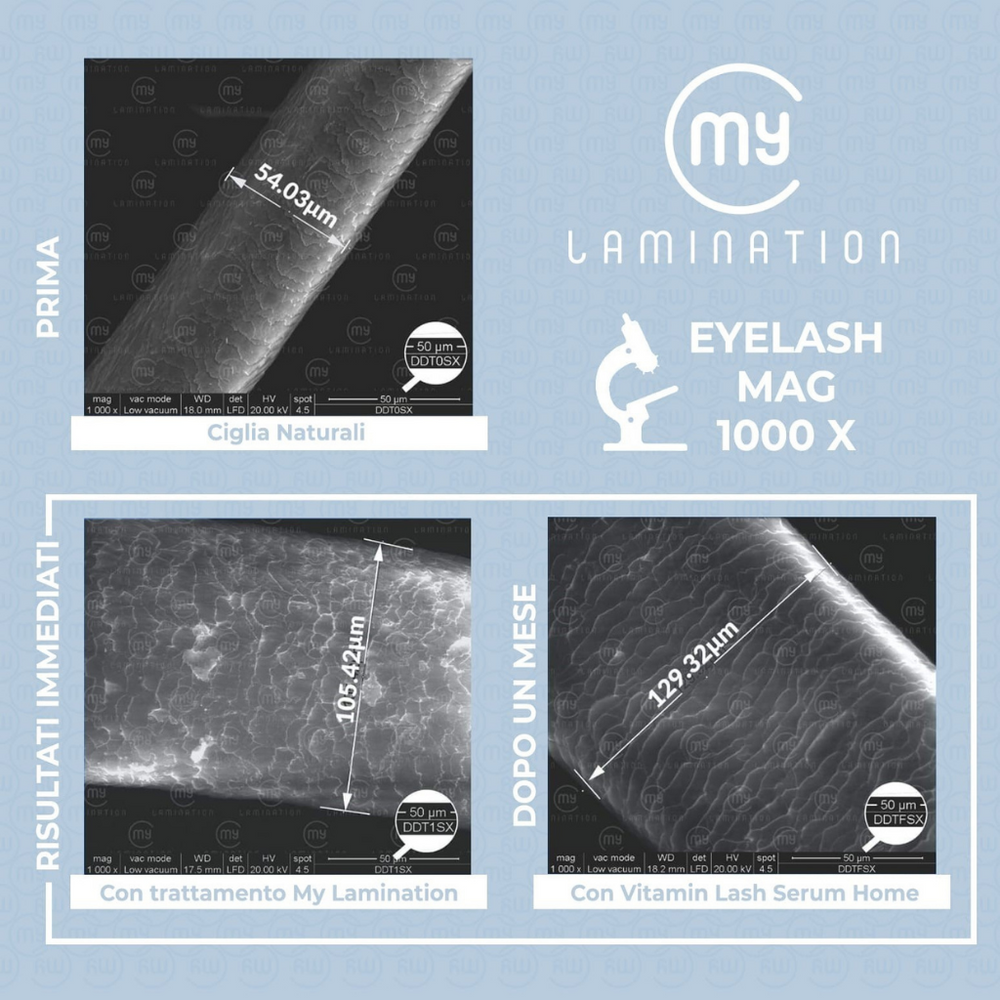 Imagine SEM a unei gene umane: înainte de tratament 54 microni, imediat după aplicarea MY Lamination + 105 microni, după o lună cu Vitamin Lash Serum Home 129 microni. Mărire microscop electronic 1000×.
